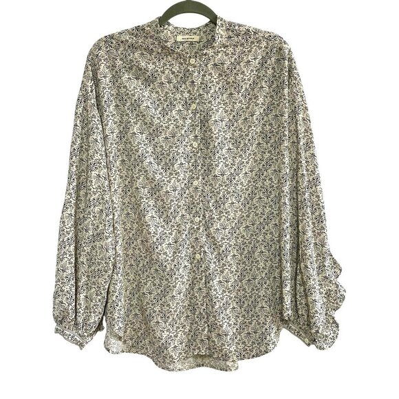 Max Studio Ruffle Back Button Down Flowy Blouse Black Floral on Cream Size XL - Picture 1 of 16